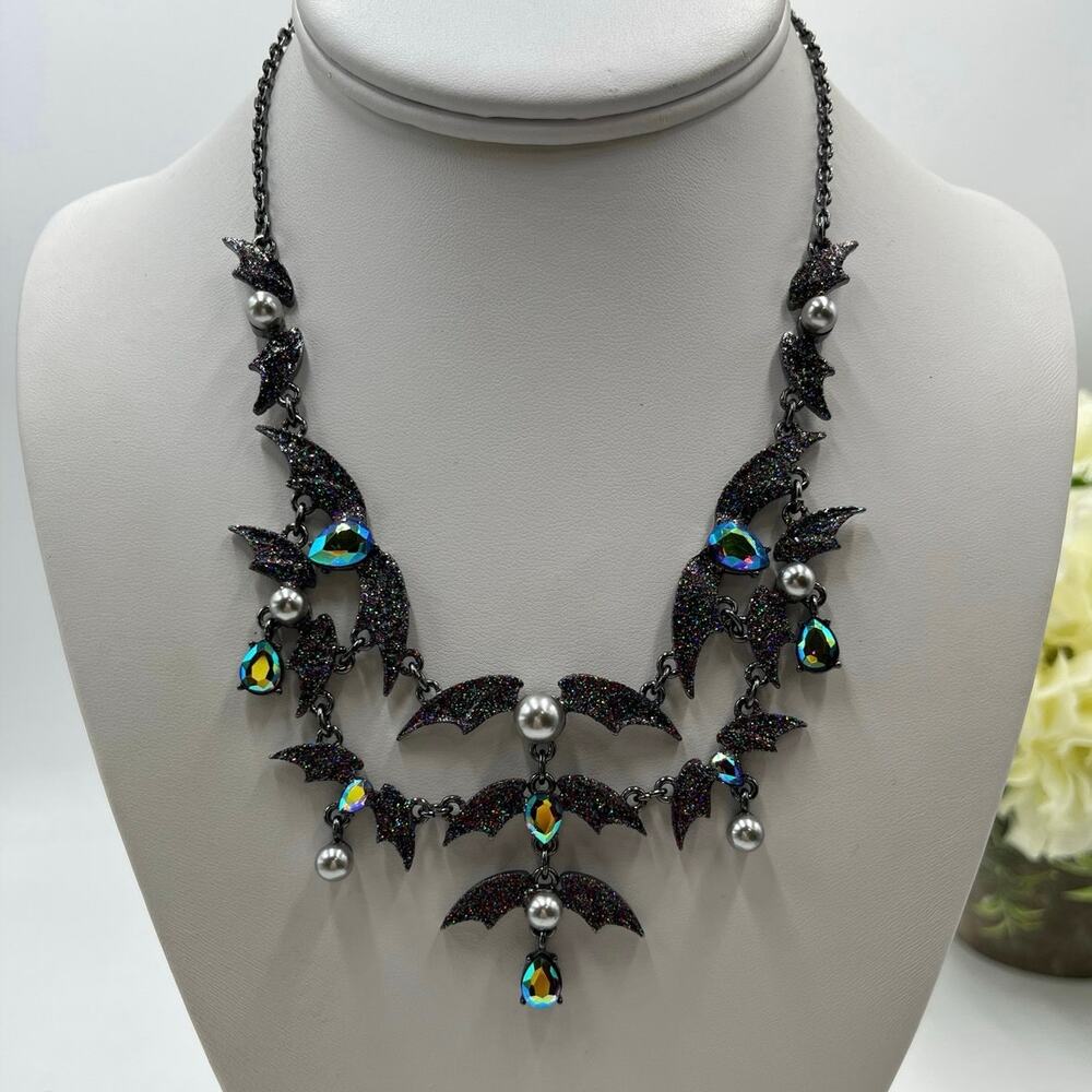 Betsey Johnson Gray Pearl Black AB Rhinestones Gothic Bat Bib Statement Necklace
